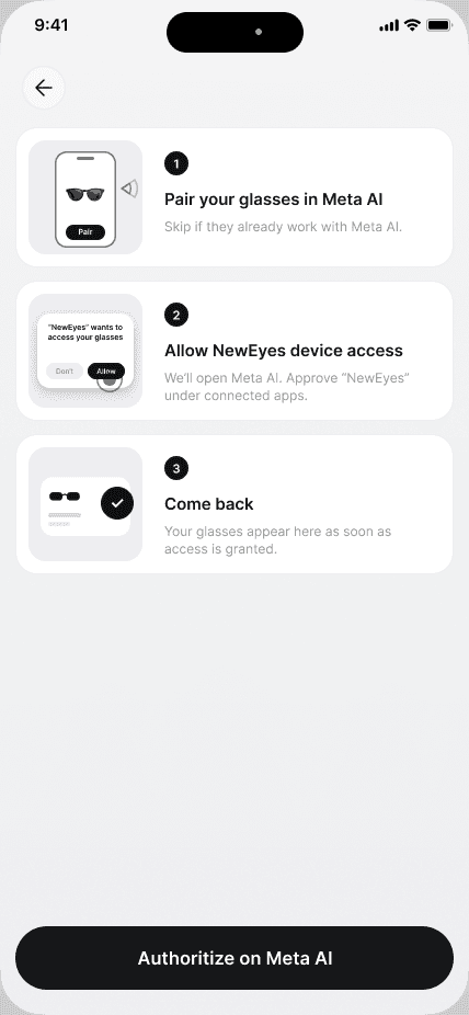 Glasses setup screen with the Authorize on Meta AI button