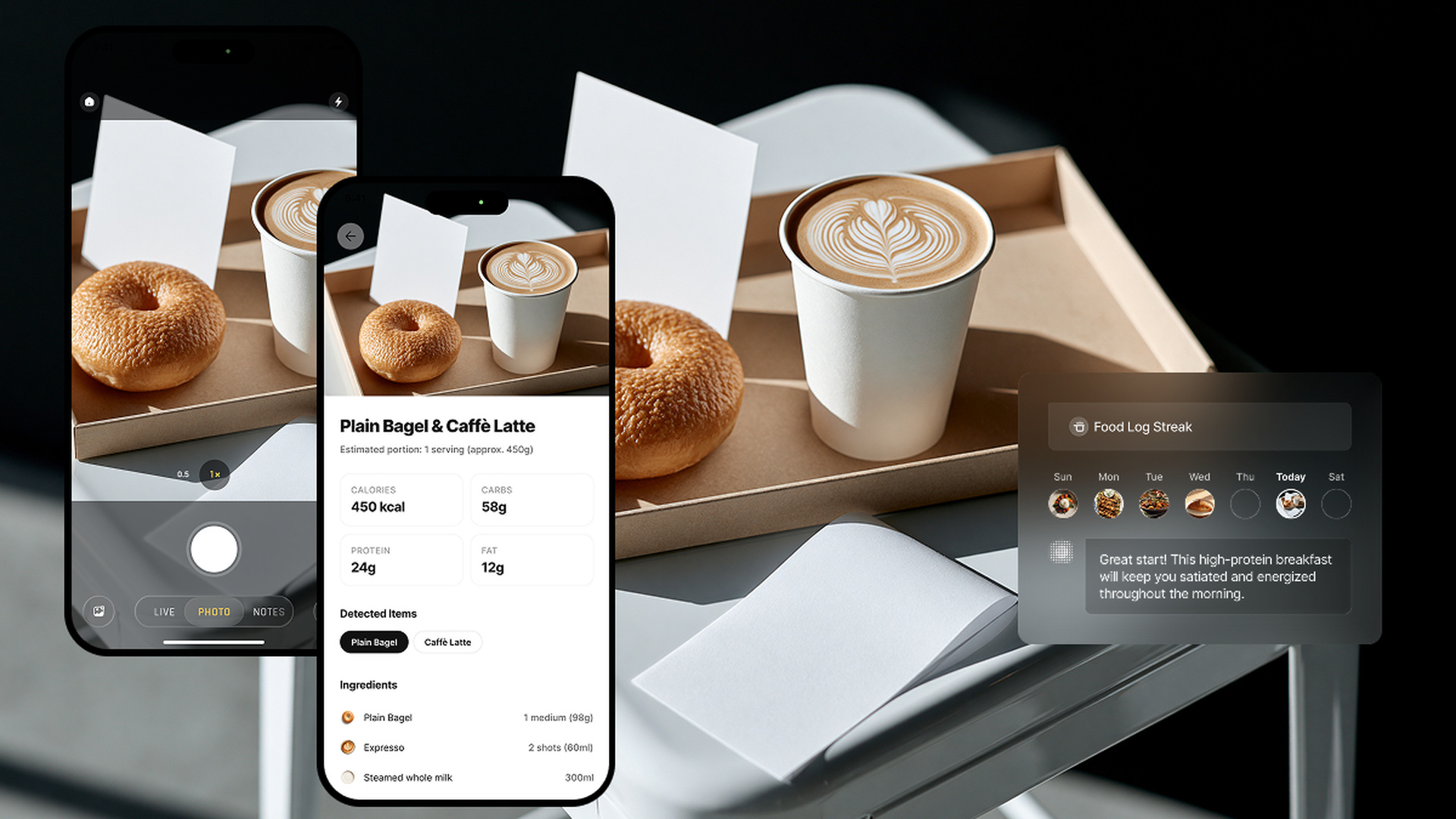 NewEyes app scanning a bagel and latte: dish named, calories counted, ingredients listed, food log updated