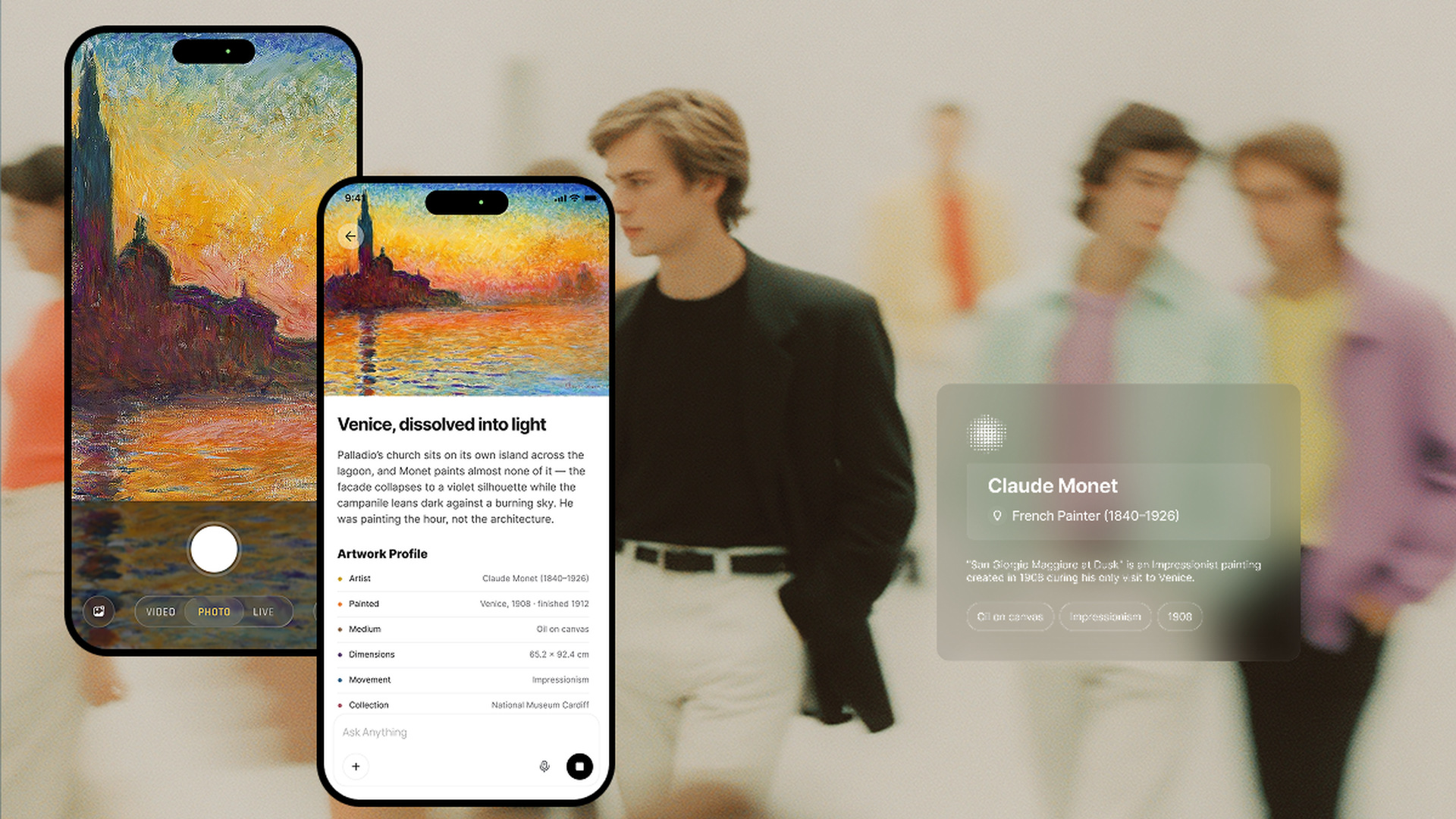 NewEyes app identifying a Monet painting in a gallery: artist, date, medium, and story shown on screen