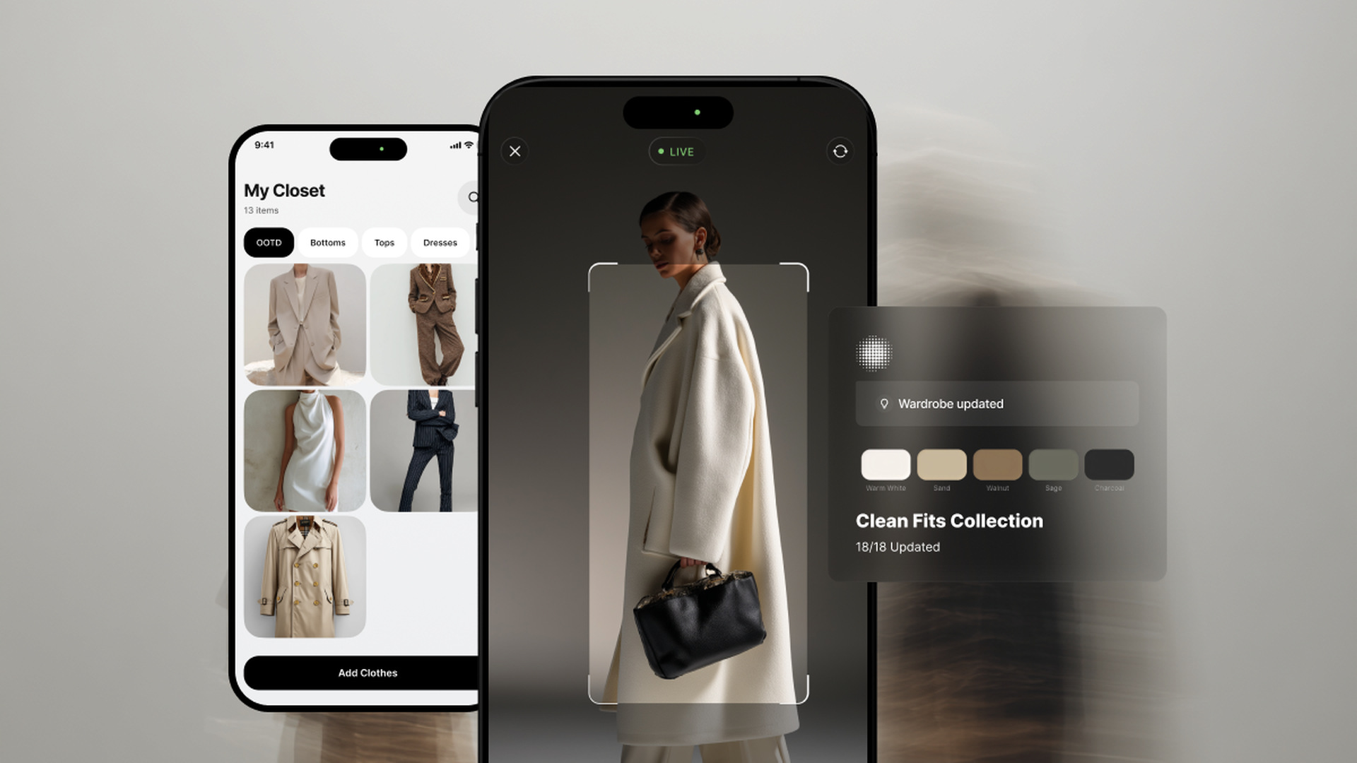 NewEyes app scanning an outfit live and updating the My Closet wardrobe collection