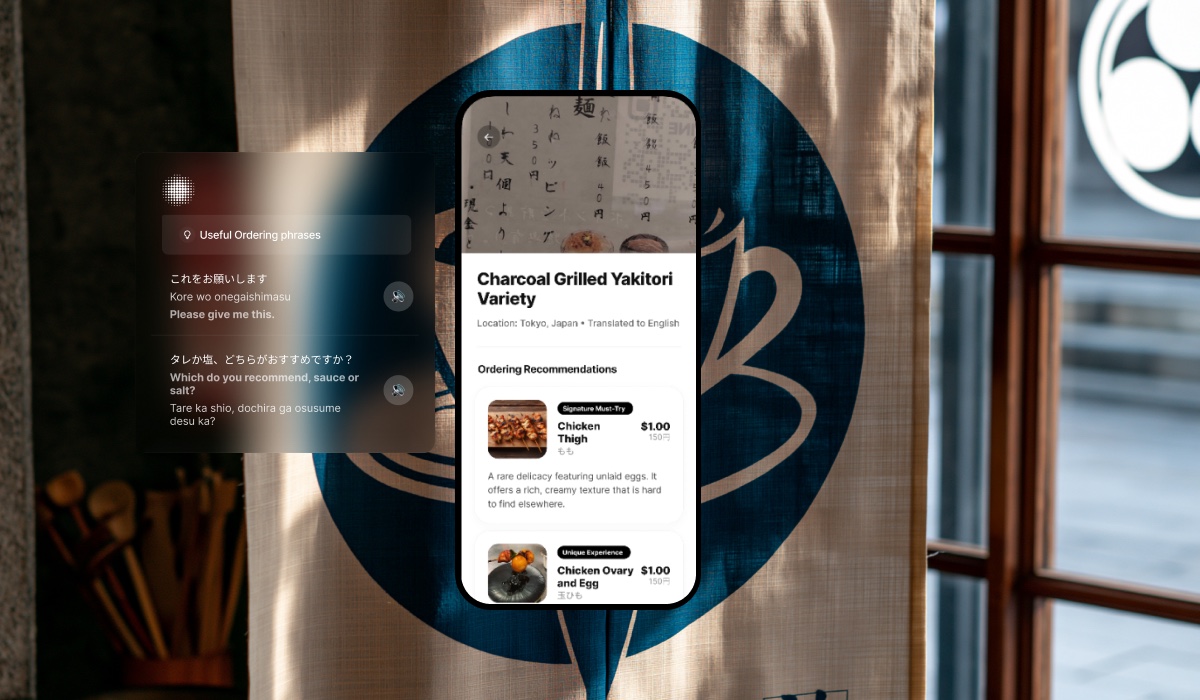 NewEyes app translating a handwritten Japanese yakitori menu into English, with ordering recommendations and useful ordering phrases